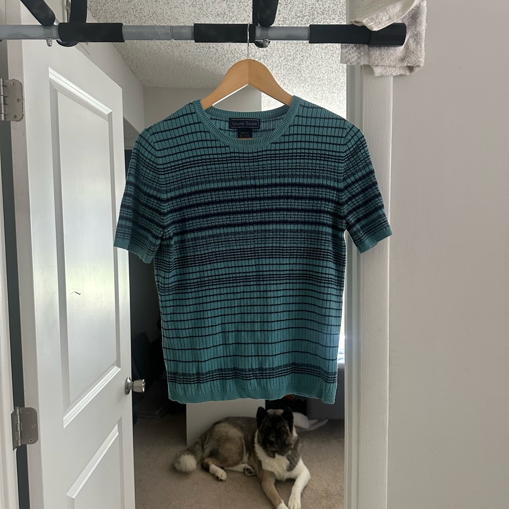 Laura Scott Teal and Black Striped Short Sleeve Sweater